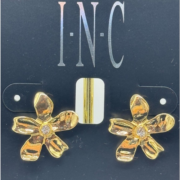 INC Gold Tone Flower with Crystal Post Earrings - Picture 6 of 12